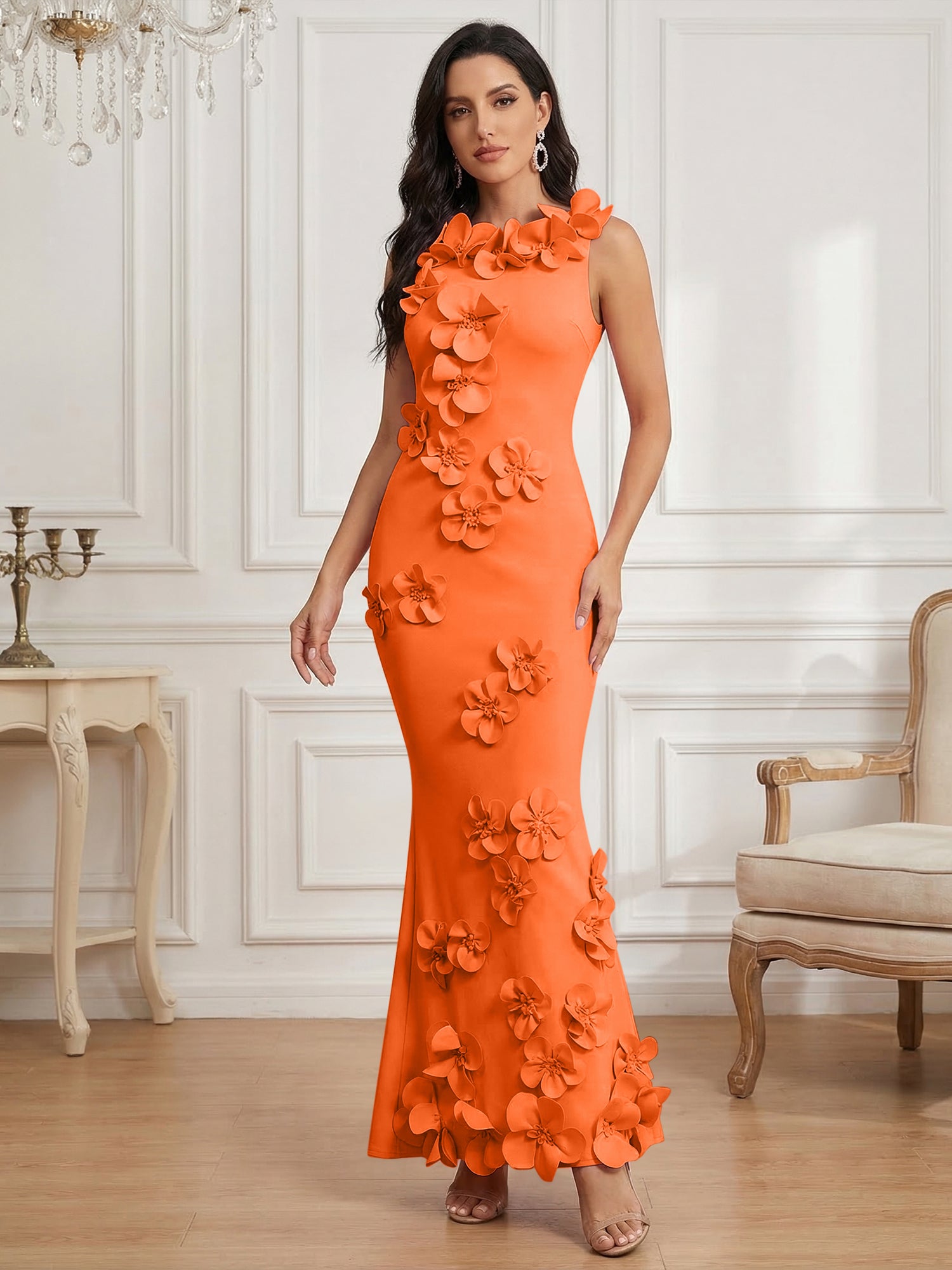 Romantic Pink Sleeveless 3D Floral Mermaid Gown