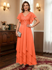 A-line V-Neck Ankle-Length Lace Chiffon Mother of the Bride Dress With Cascading Ruffles