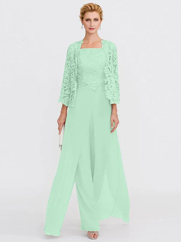 Ensemble 3 pièces en mousseline de soie avec col carré et veste pour mère de la mariée 