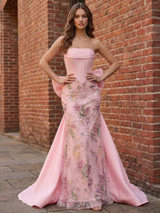 Pastel Pink Enchanting Corset Prom Dress with Oversized Bow Train