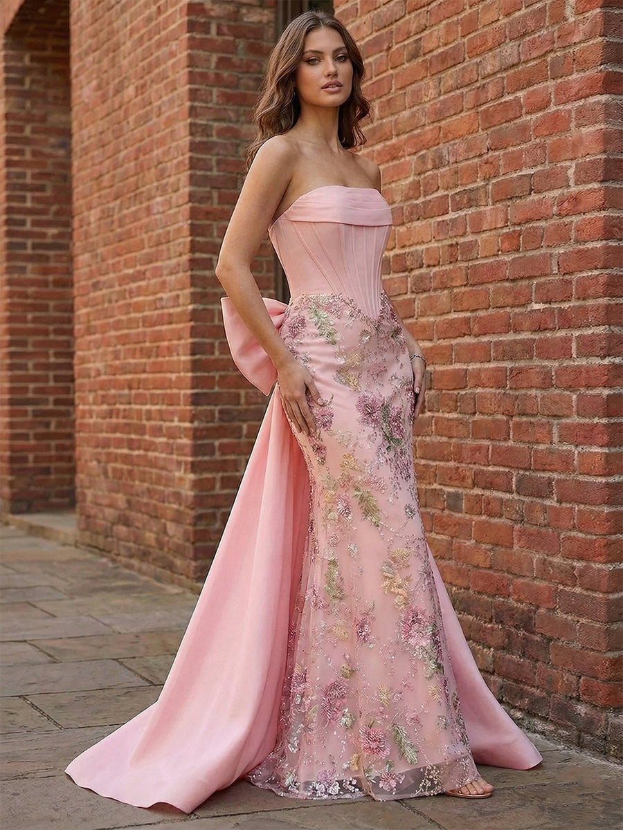 Pastel Pink Enchanting Corset Prom Dress with Oversized Bow Train