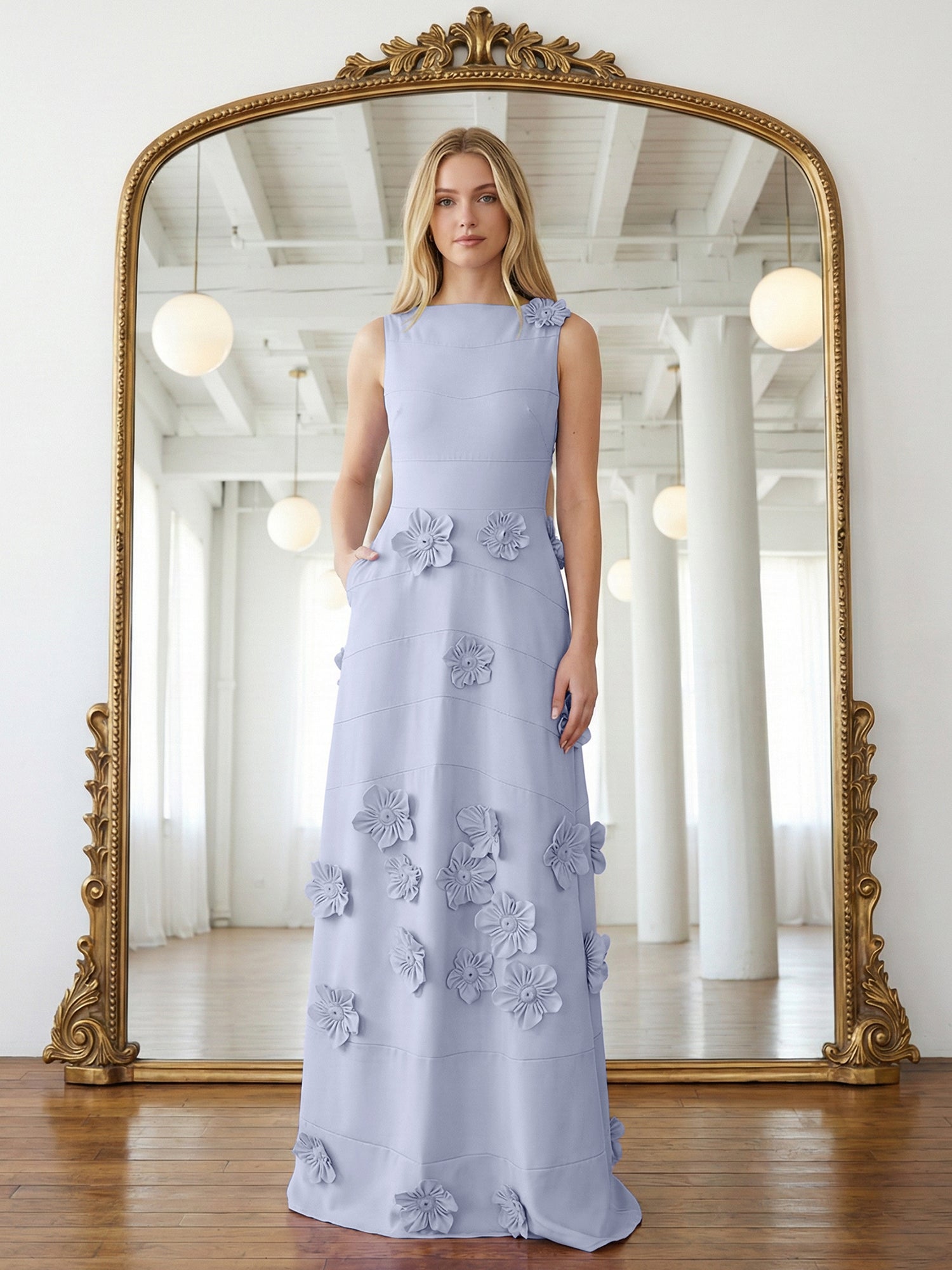 Lavender Boat Neck Formal Gown with Cascading 3D Flowers