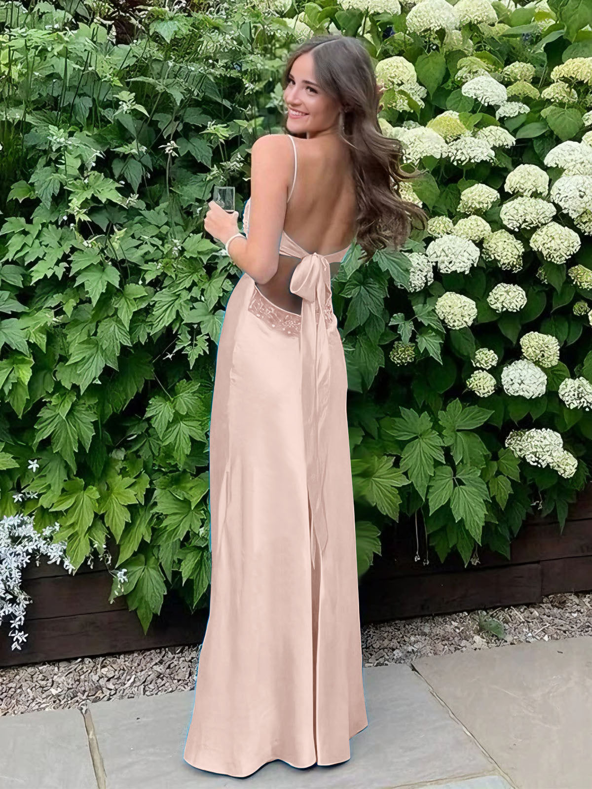 Blue A Line V-neck Beaded Back Tie Long Prom Dress