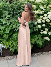 Blue A Line V-neck Beaded Back Tie Long Prom Dress