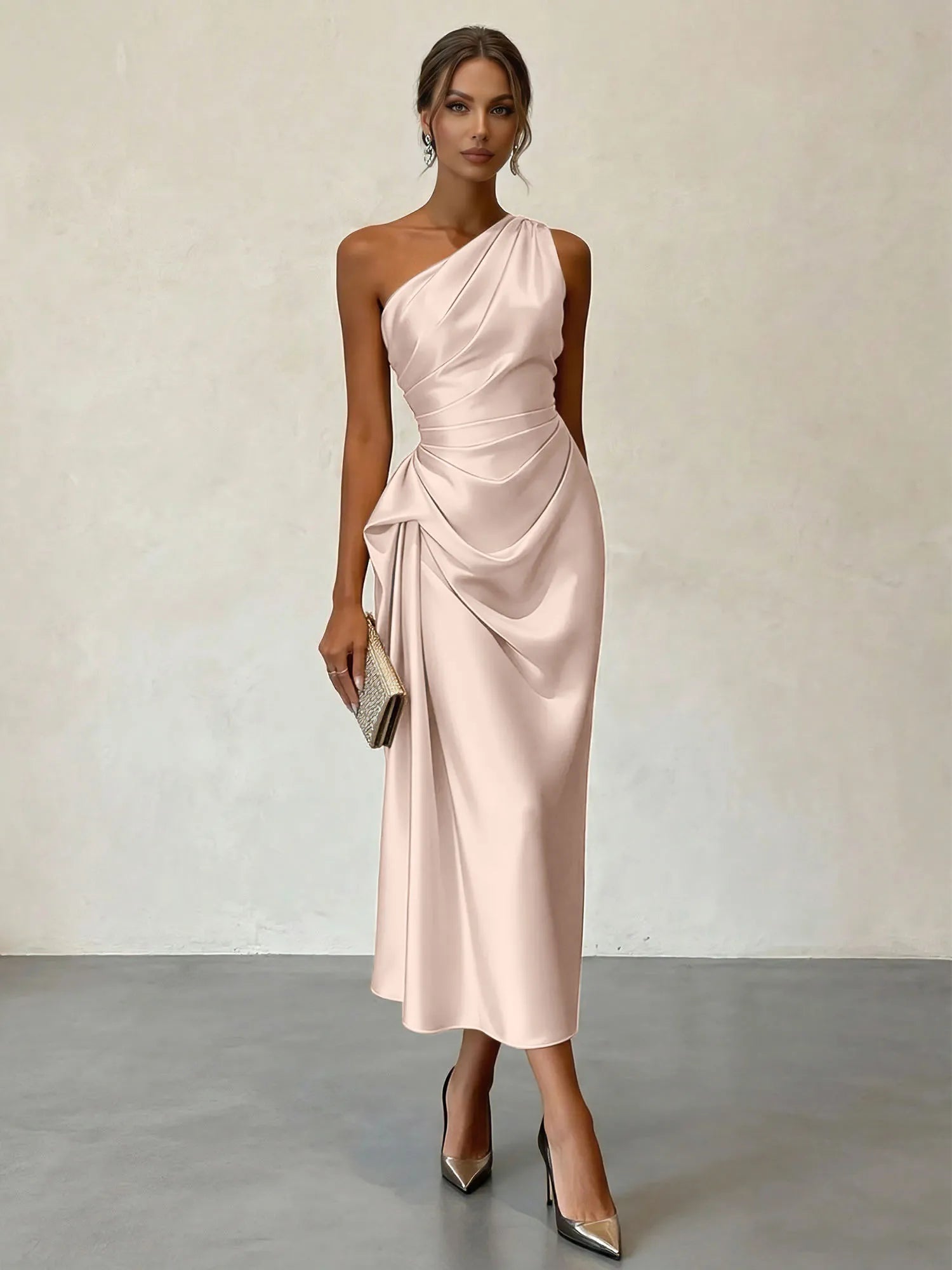 Champagne Ruched Satin One Shoulder Sleeveless Sheath Midi Dress