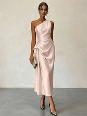 Champagne Ruched Satin One Shoulder Sleeveless Sheath Midi Dress