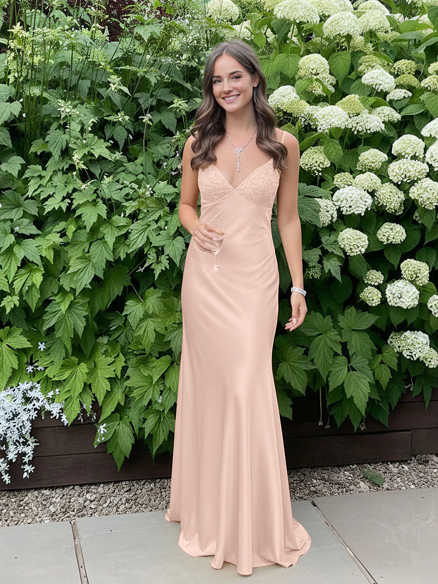 Blue A Line V-neck Beaded Back Tie Long Prom Dress