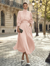 Sophisticated Emerald Green Satin High-Neck Midi Dress Gown