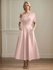 A Line Satin One Shoulder Pleated Ankle Length Mother of the Bride Dress