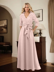 Classic V-Neck Bow Accented Satin Mother Of The Bride Dress With Lace