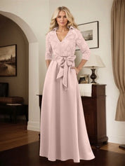 Classic V-Neck Bow Accented Satin Mother Of The Bride Dress With Lace