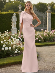 Light Blue One Shoulder Satin Sheath Long Bridesmaid Dresses