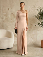 Long Sleeves Black One Shoulder Formal Dress Evening Gown