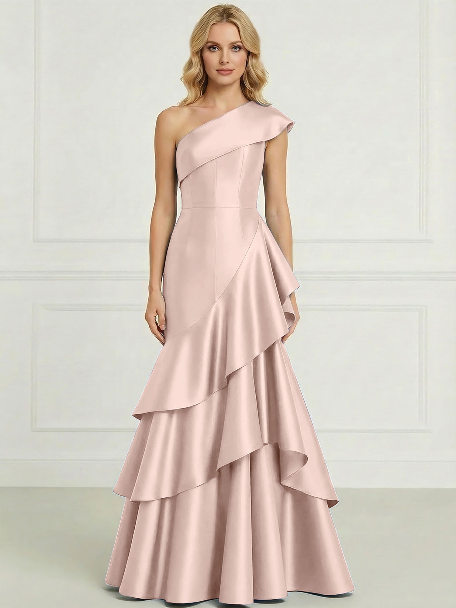 Formal Evening Dress Dark Blue One-Shoulder Satin Tiered Maxi Gown