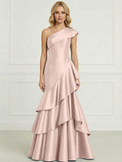 Formal Evening Dress Dark Blue One-Shoulder Satin Tiered Maxi Gown