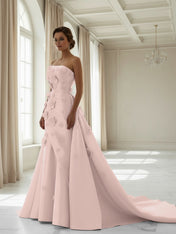 Pink A Line Satin Strapless Prom Dress with 3D Floral Appliques