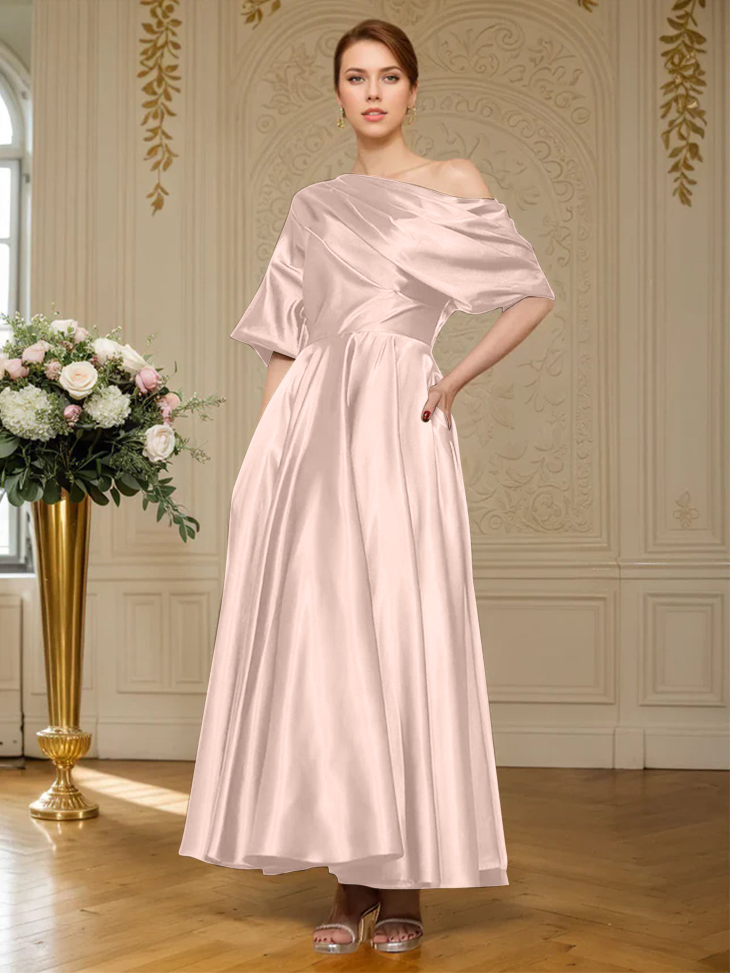 A-line Short Sleeves Pleated Ankle-Length Silk like Satin Mother of the Bride Dress
