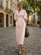 Sophisticated Camel V-Neck Balloon Sleeve Midi Dress Evening Gown