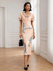 Black Folds V Neck Puff Sleeve Midi Sheath Dress