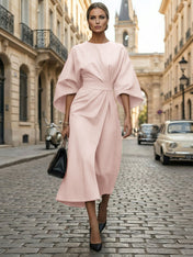 Loose Batwing Sleeve Dress Tight Waist Solid Color Elegant Dresses