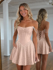 Strapless Pearl Draped Corset A-Line Short Homecoming Dresses