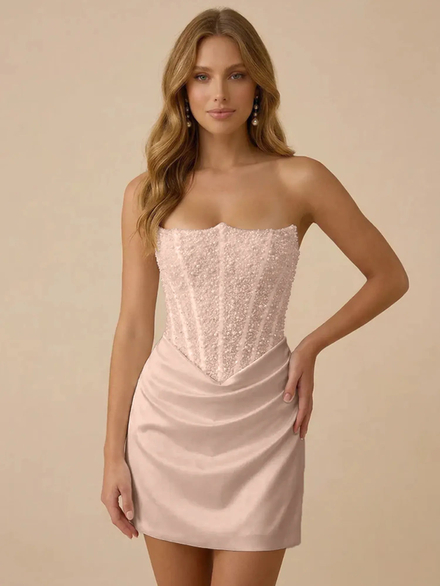 White Strapless Sequin Beaded Satin Short Homecoming Dress with Corset