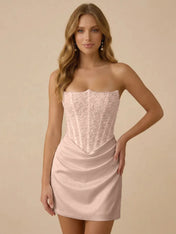 White Strapless Sequin Beaded Satin Short Homecoming Dress with Corset