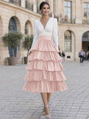 Chic Formal Evening Gown Monochrome V-Neck Tiered Ruffle Midi Dress