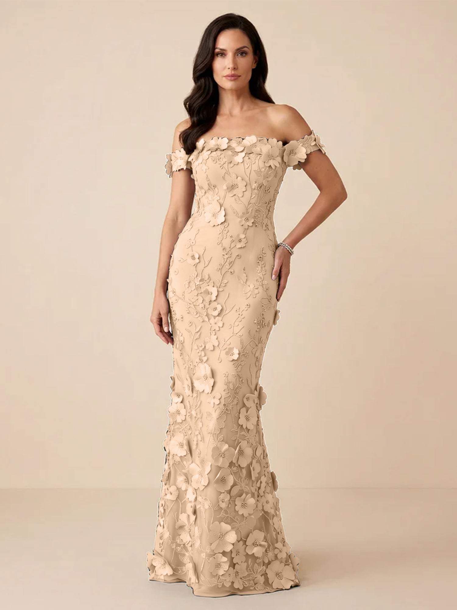 Black Off-the-Shoulder 3D Floral Mermaid Formal Gown Evening Dress