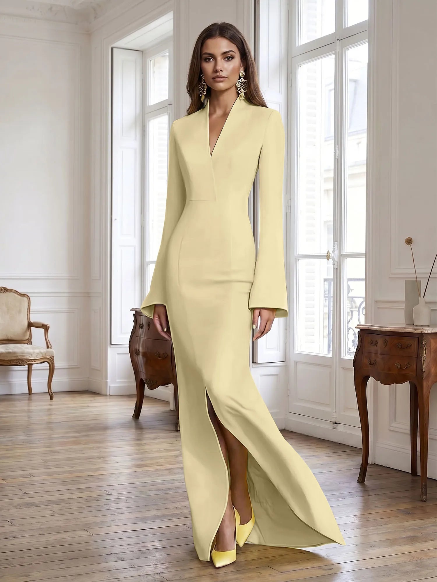 Yellow Long Bell Sleeve Mermaid Evening Gown with Asymmetric V-Neck Formal Dresses