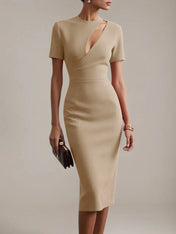 Red Sheath/Column Stretch Crepe Scoop Neck Short Sleeves Tea Length Dresses