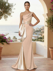 One Shoulder Mermaid Satin Pleat Evening Dresses with Bow