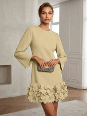 Powder Blue 3D Floral Classic Crew Neck Bell Long Sleeve Shift Mini Dress