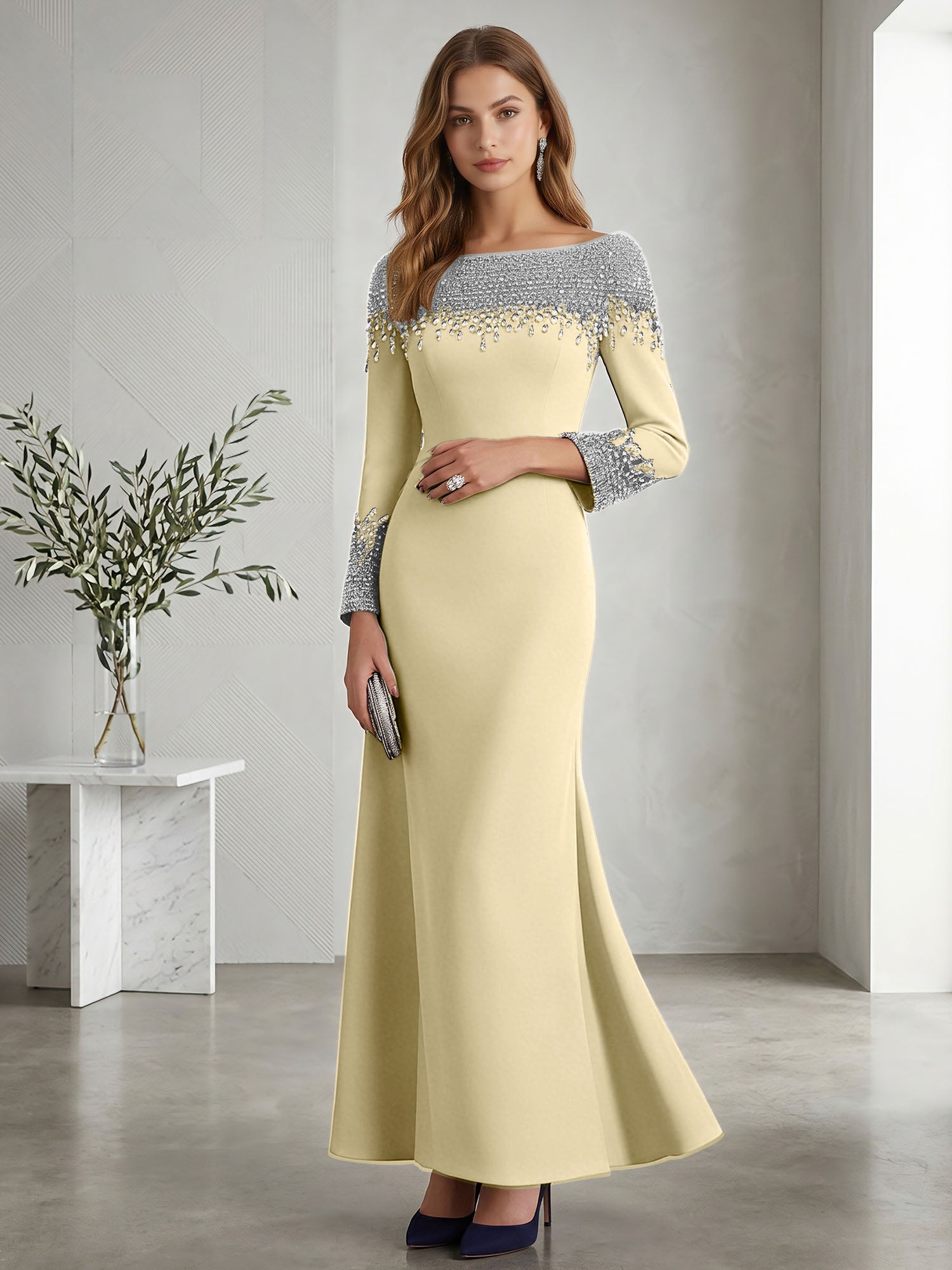 Formal Evening Dress Midnight Navy Velvet Long Sleeves Maxi Dress with Crystal