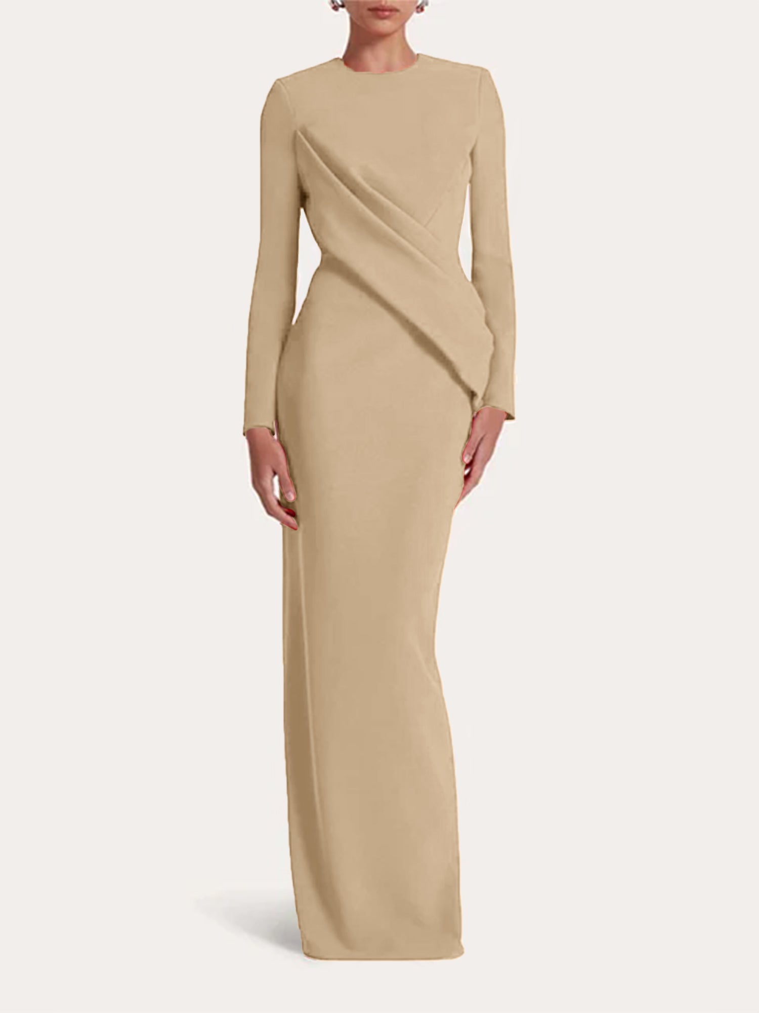 Red Sheath/Column Scoop Long Sleeves Chiffon Floor-Length Ruffles Formal Dress
