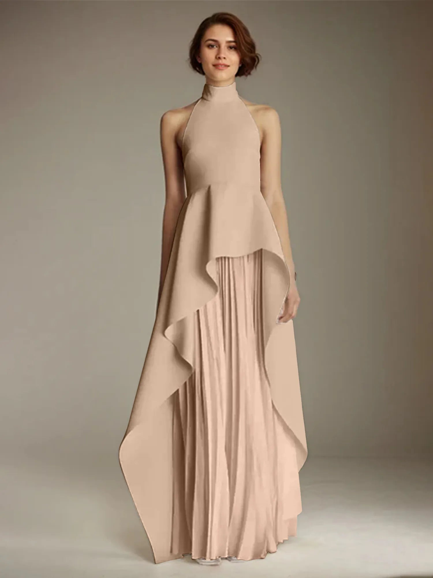 White Sleeveless High Neck Chiffon Long Formal Dress With Ruffles