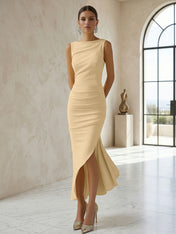 Elegant Formal Evening Gown Butter Yellow Ruched Asymmetrical Midi Dress