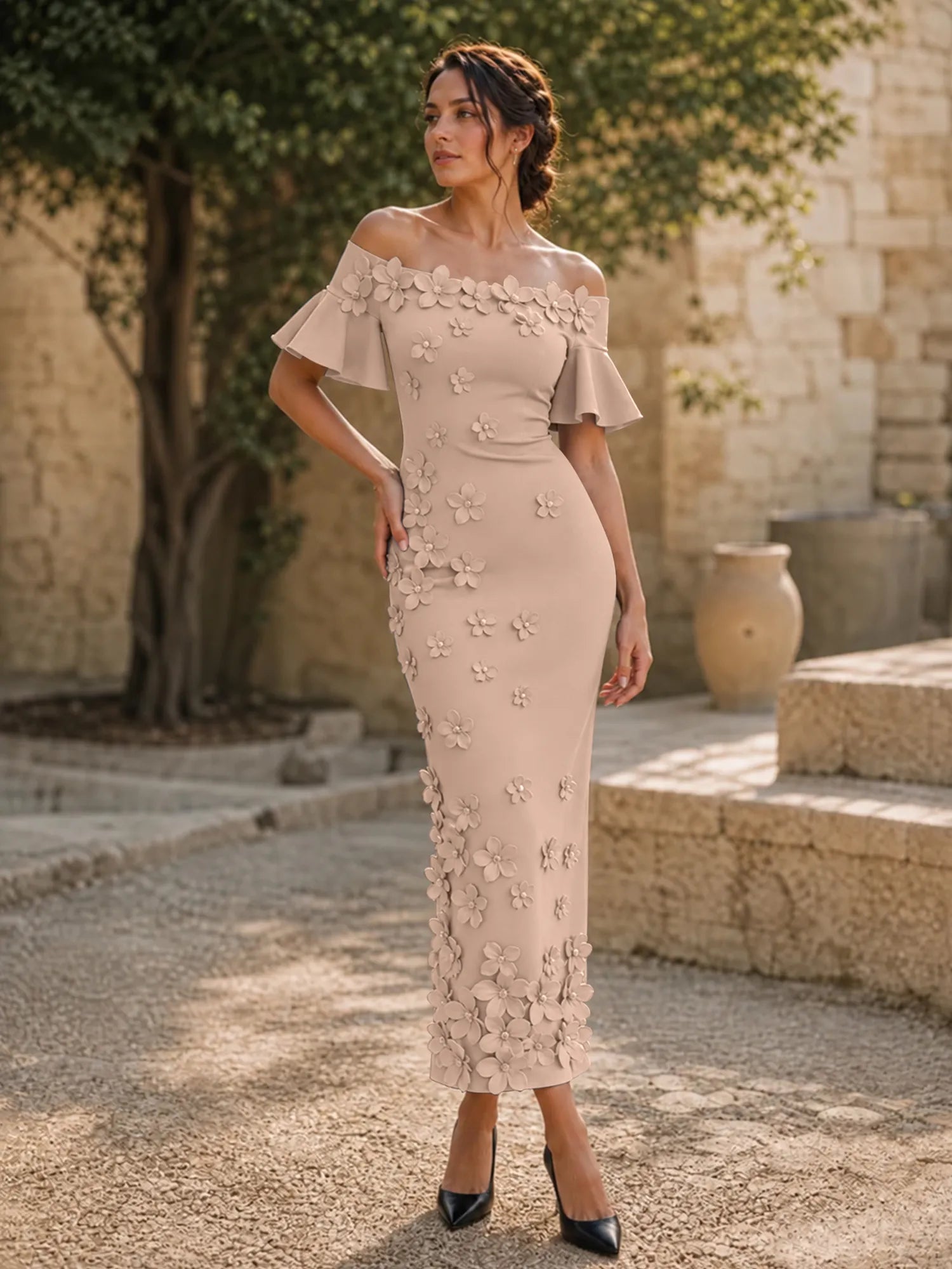 Black 3D Floral Off-The-Shoulder Ankle-Length Gown Dress