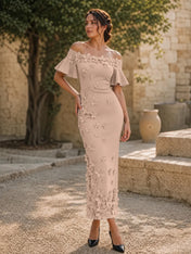 Black 3D Floral Off-The-Shoulder Ankle-Length Gown Dress