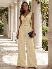 Women Pink Lace Deep V Neck Sleeveless Dressy Jumpsuit