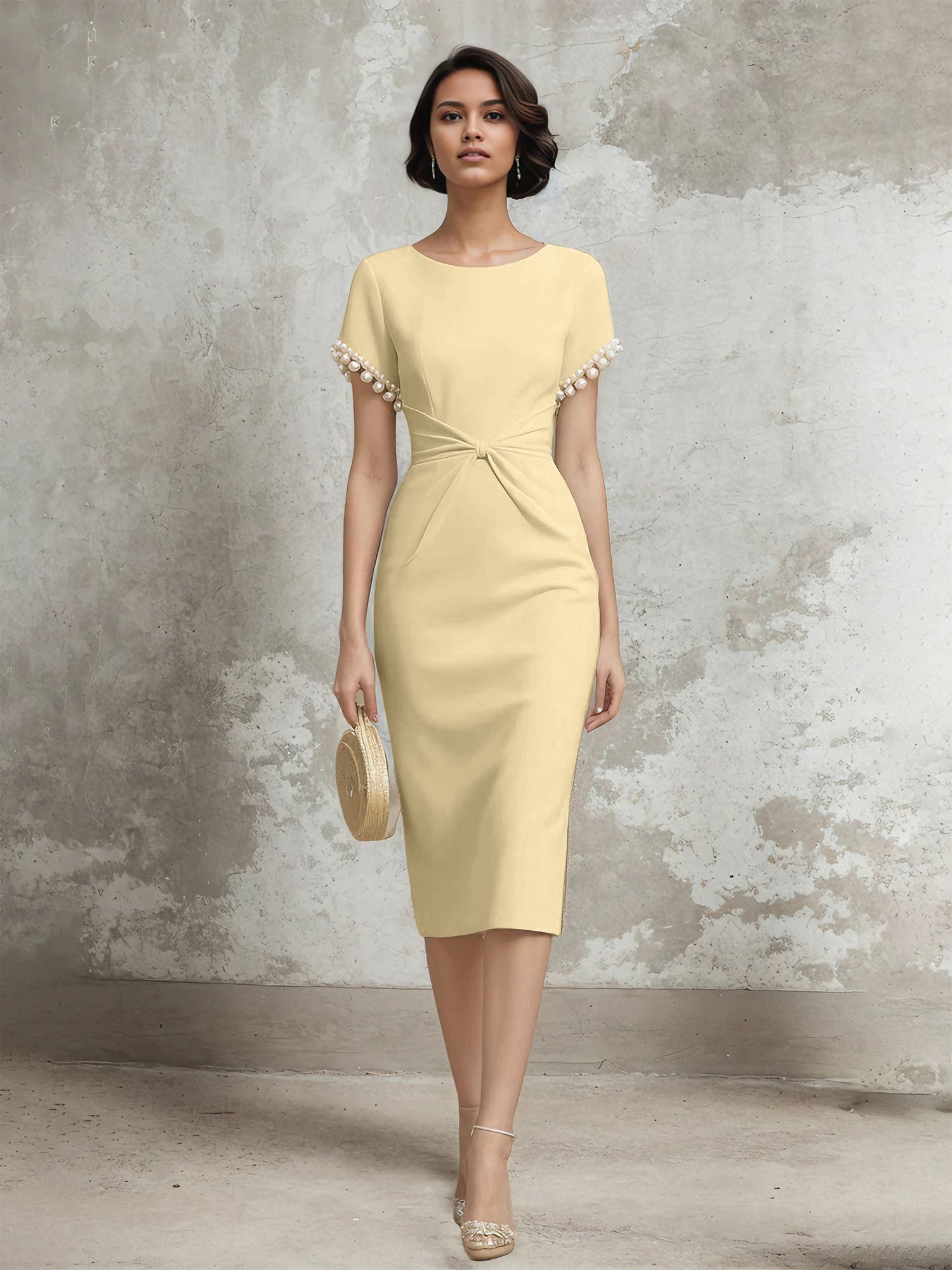 Column Short Sleeve Tea Length Dress With Pearls