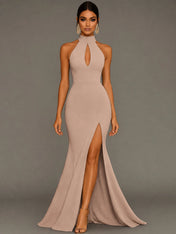 Mermaid Halter Neck Satin Formal Dress with Slit