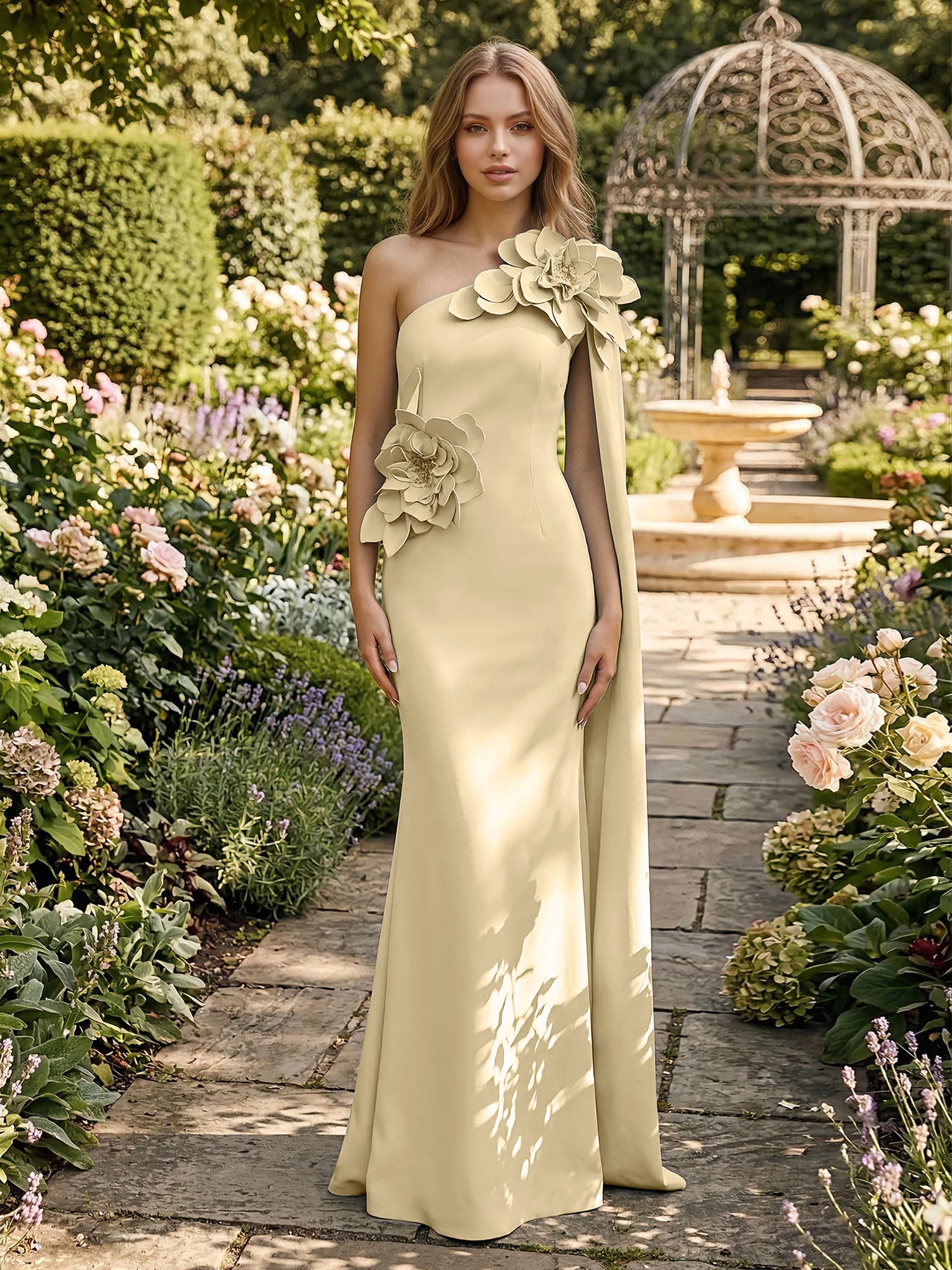 Formal Evening Dress Powder Blue One-Shoulder 3D Floral Cape Gown