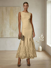 Elegant Formal Evening Gown Lilac Sleeveless Midi Dress with Embroidered Lace Godets