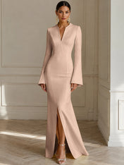 Formal Yellow V Neck Long Sleeves Floor Length Dress With Slit