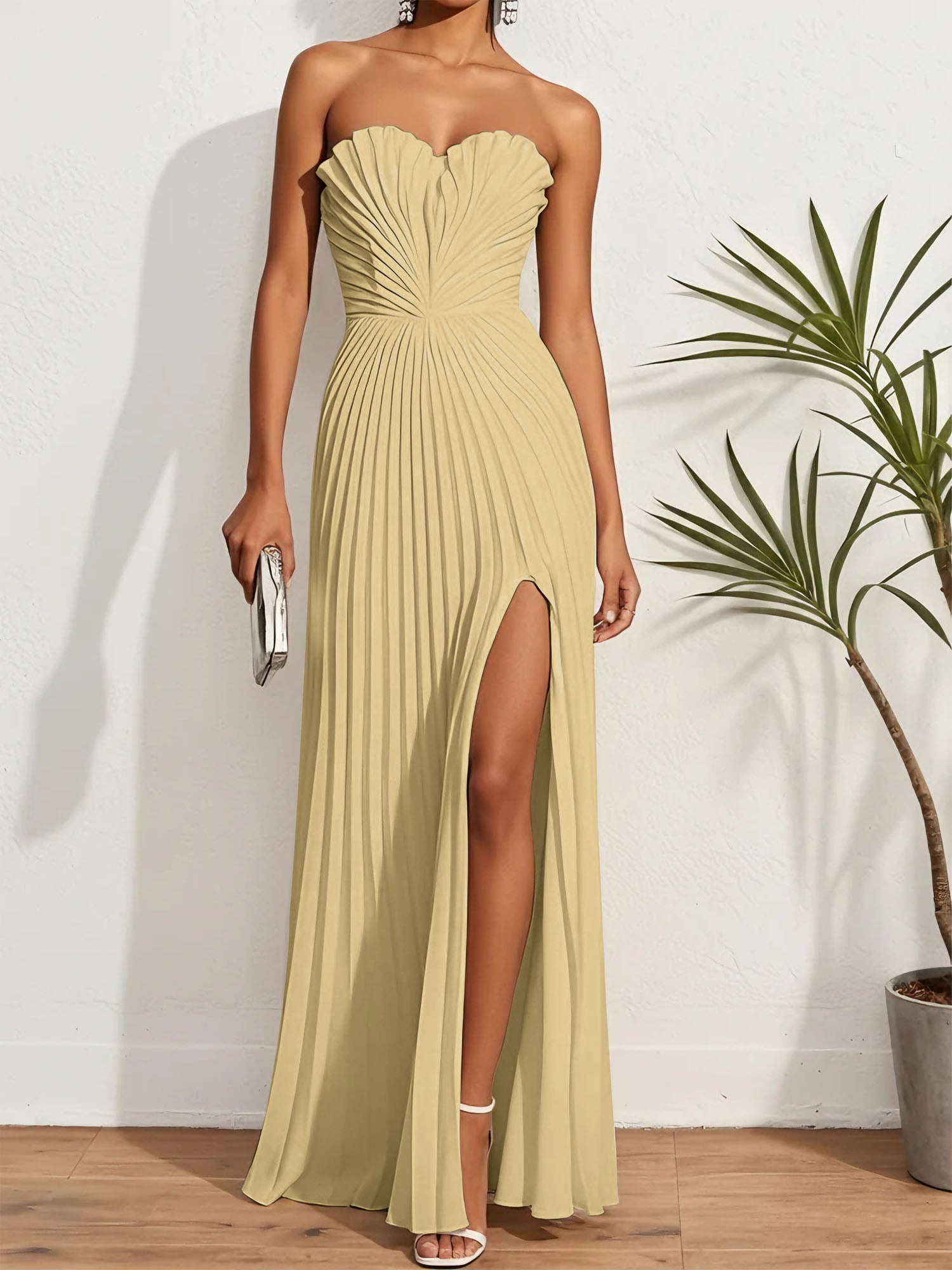 Pleated Classic Strapless Sleeveless A-Line Maxi Dress