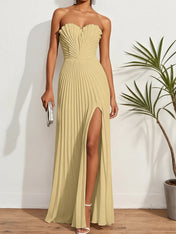 Pleated Classic Strapless Sleeveless A-Line Maxi Dress