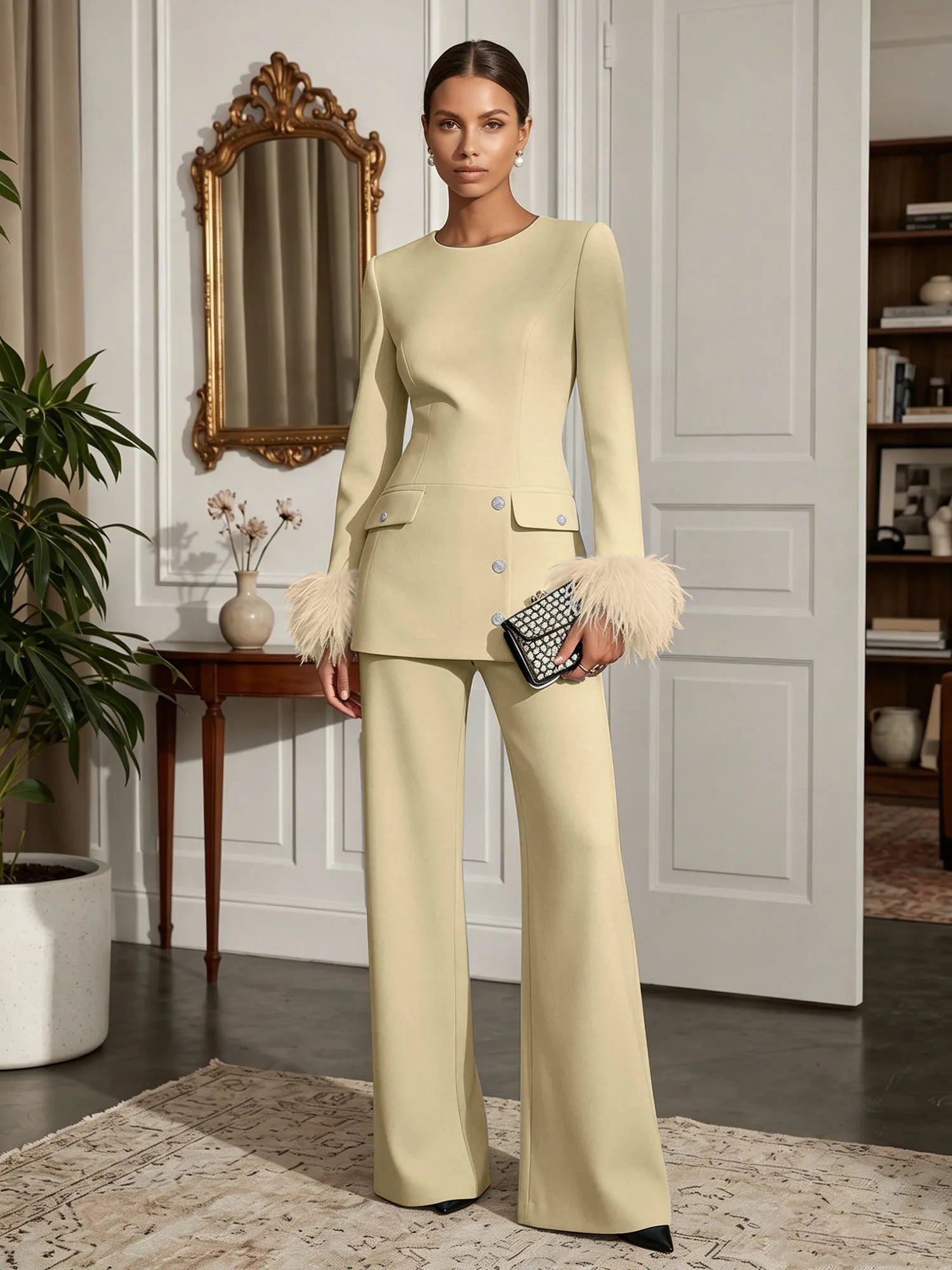 Women's White Two-Piece Set: Buckle Detail Feather-Trimmed Top & Straight-Leg Pants