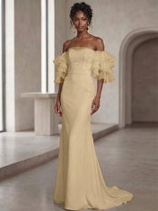 White Mermaid Off the Shoulder Ruffled Long Wedding Reception Dress
