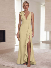 Ice Blue Bow-Accent Ruffle Slit Gown Formal Evening Dress